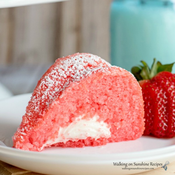 Easy Strawberry Bundt Cake with surprise marshmallow cream filling. 