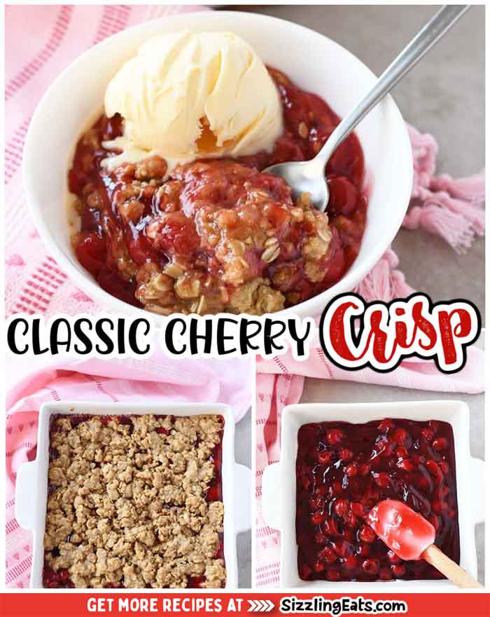 Classic Cherry Crisp in a white baking dish and bowl with ice cream.