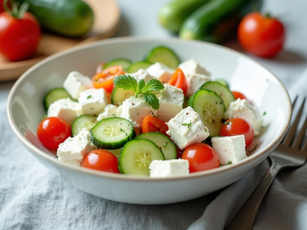 Fresh cottage cheese salad with cucumber, tomatoes, red onion, and dill