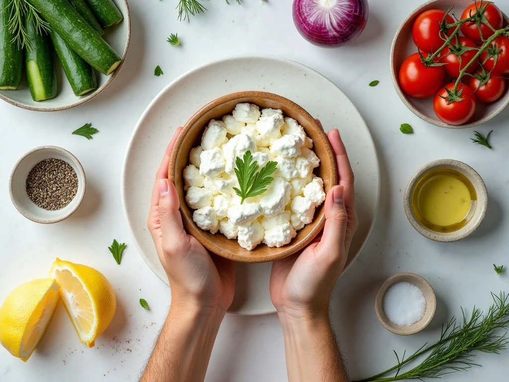Ingredients for cottage cheese salad arranged on a counter