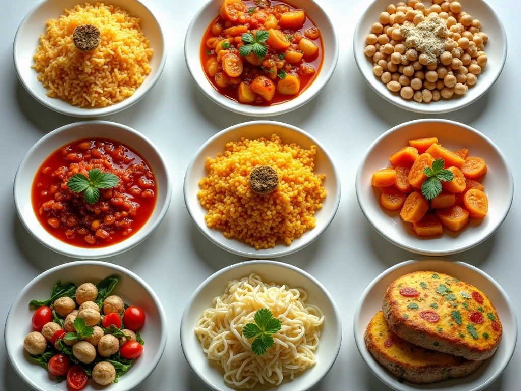 Ten cheap and delicious meal ideas arranged on a table
