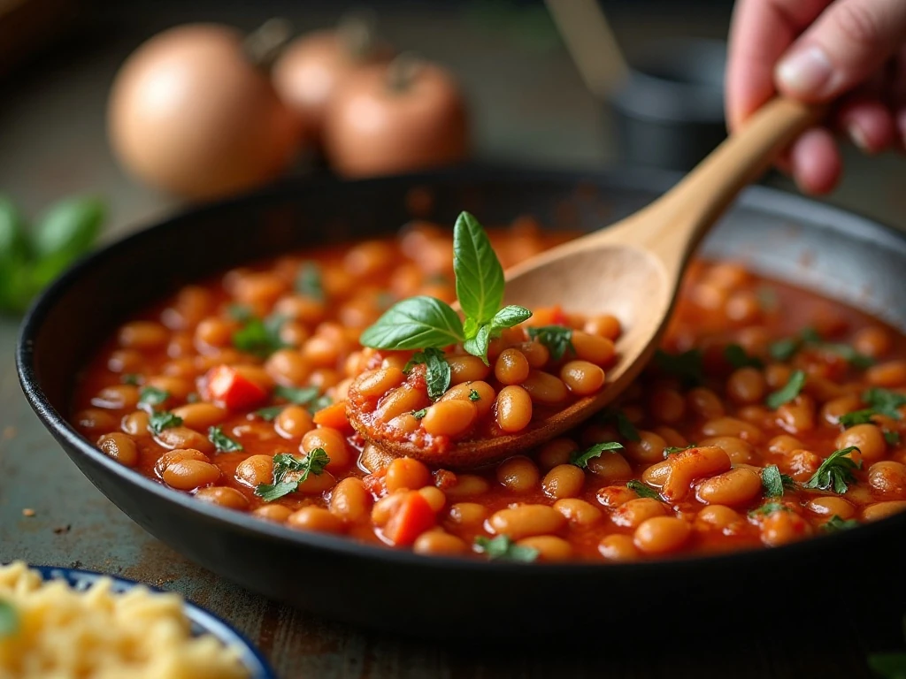 A skillet of vegetables and beans being prepared for a budget meal