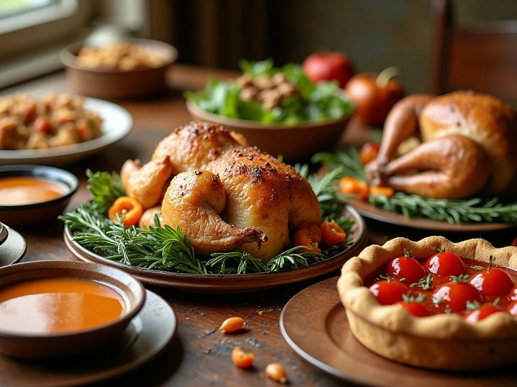 A variety of Thanksgiving dishes arranged on a holiday table