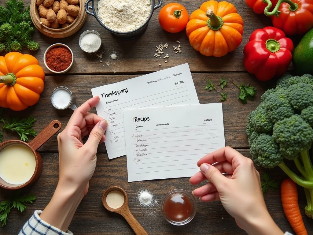 Thanksgiving ingredients arranged for recipe planning