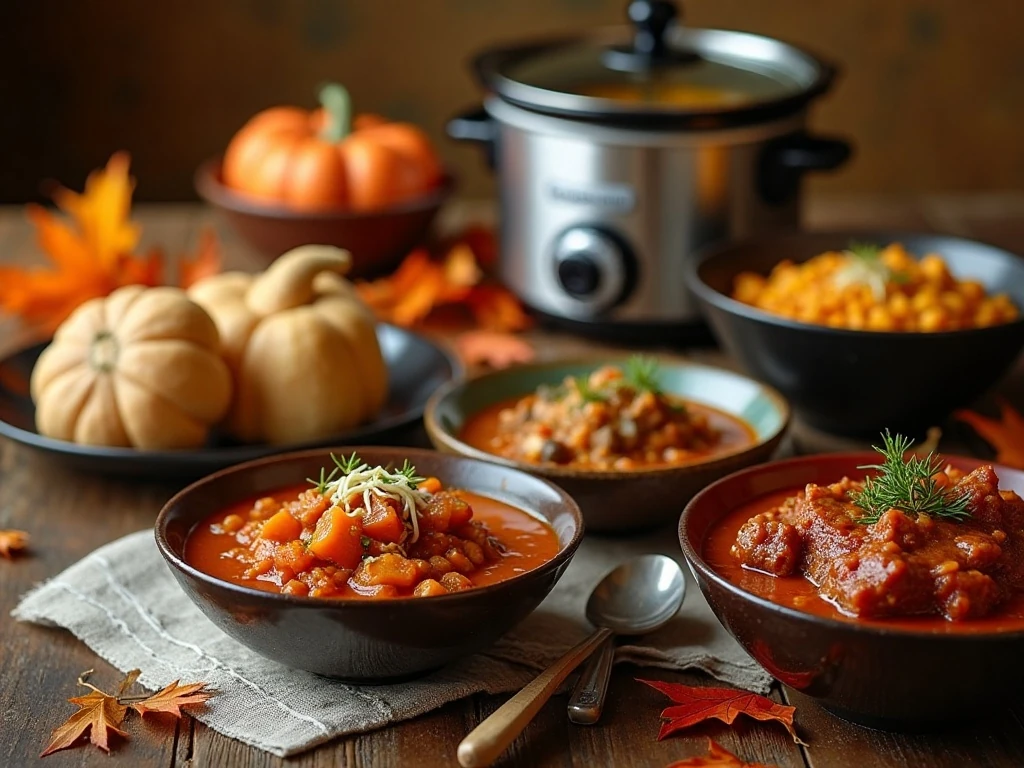 Assorted fall comfort foods from a slow cooker recipe collection