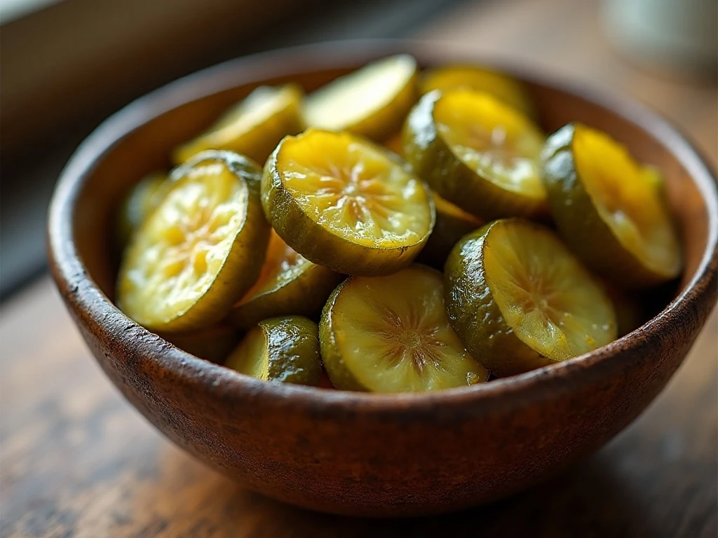 Old-fashioned sweet pickle rounds and spears in a serving bowl
