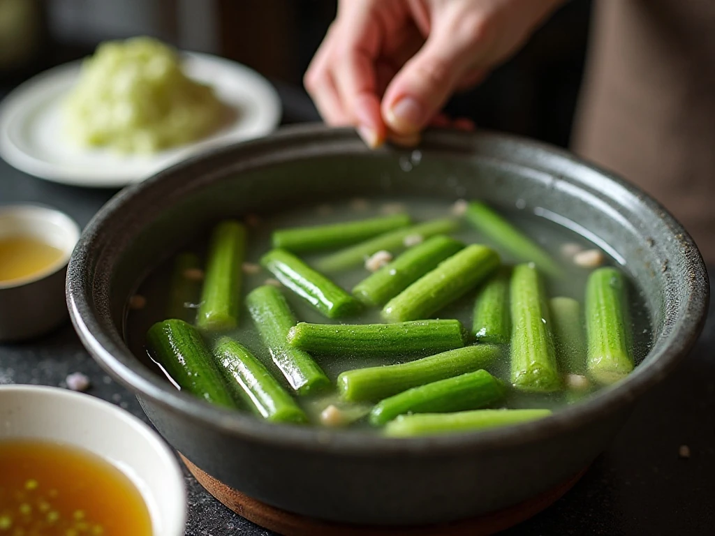 Cucumbers submerged in brine during the sweet pickle process