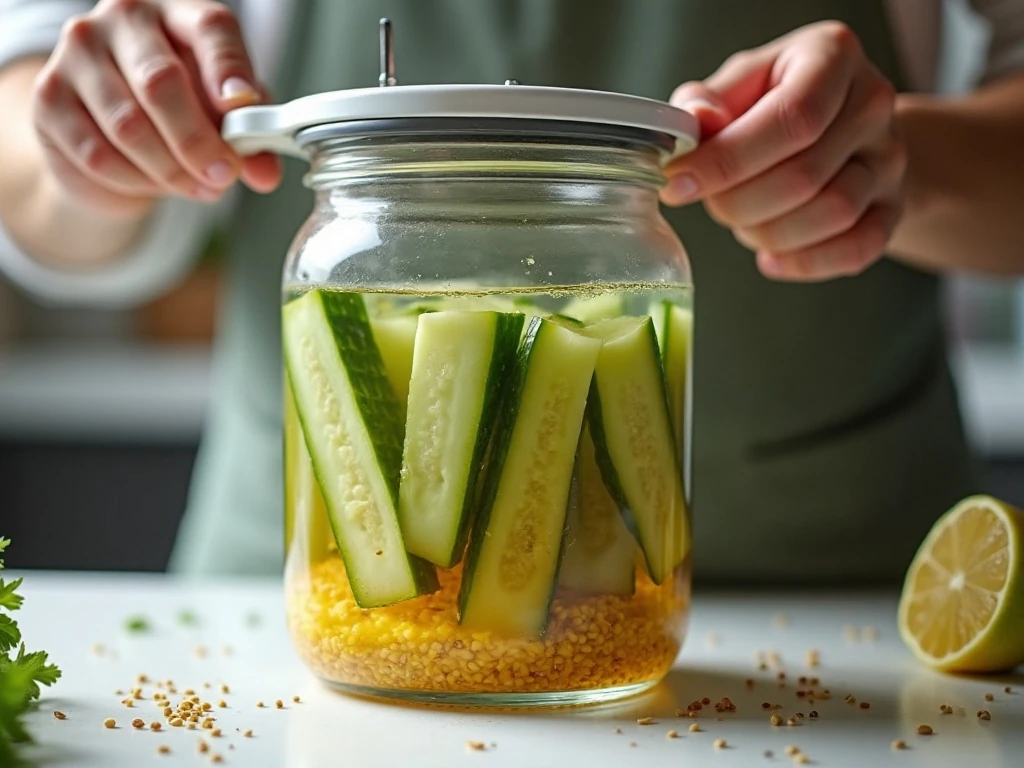 Cucumber slices kept submerged in pickle brine