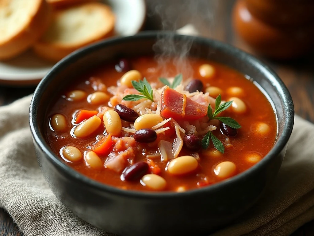 Bowl of hearty slow cooker 15 bean soup with smoked ham