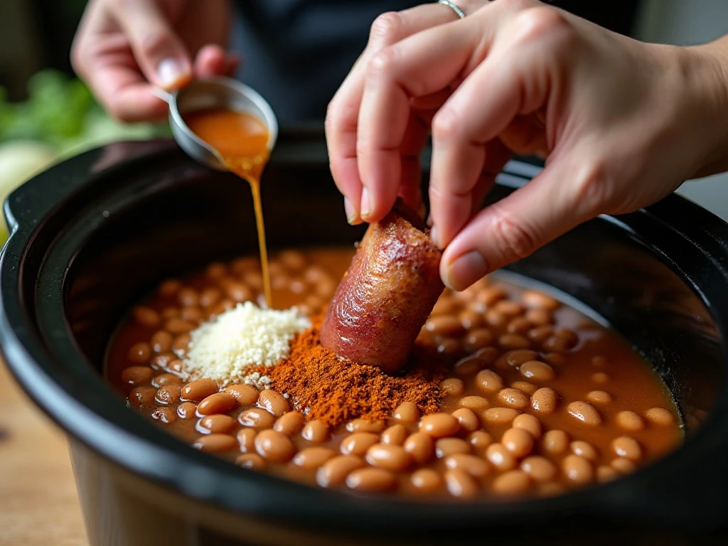 Preparing beans and ham in a slow cooker for 15 bean soup