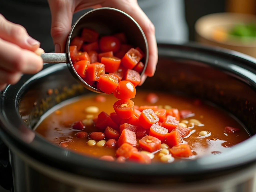 Adding diced tomatoes to slow cooker 15 bean soup