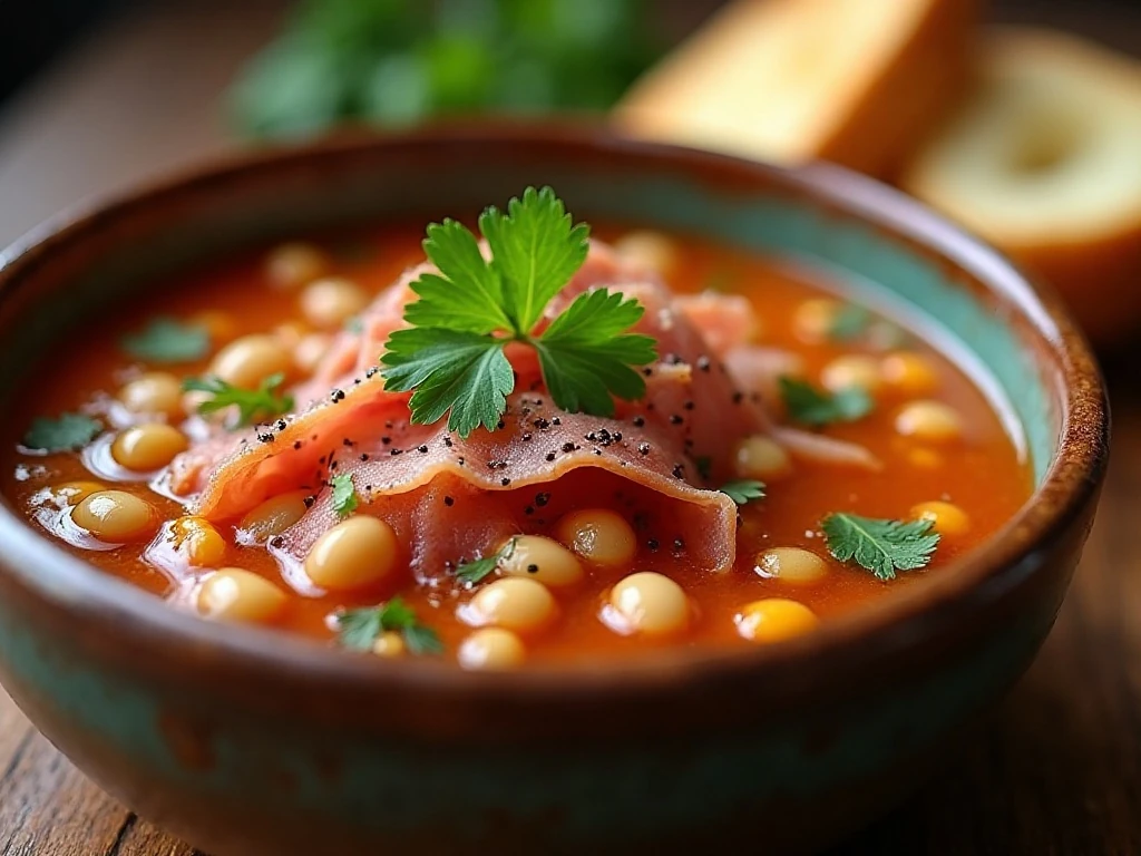 Close-up of garnished 15 bean soup served with crusty bread