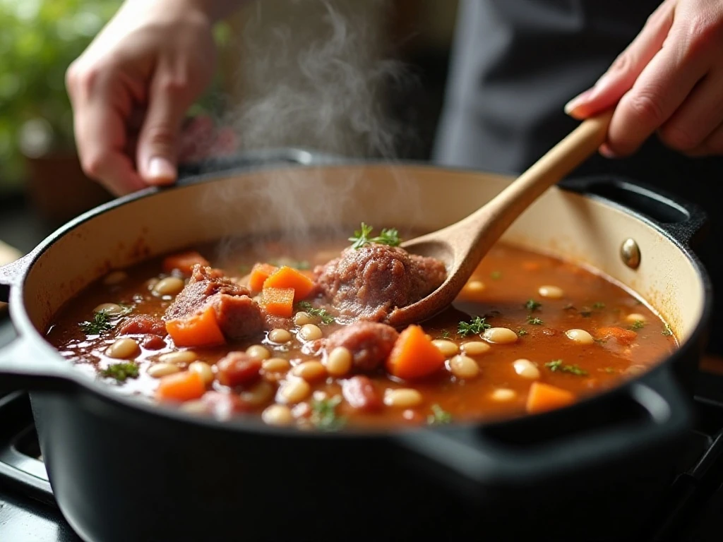 Soup ingredients simmering in a Dutch oven