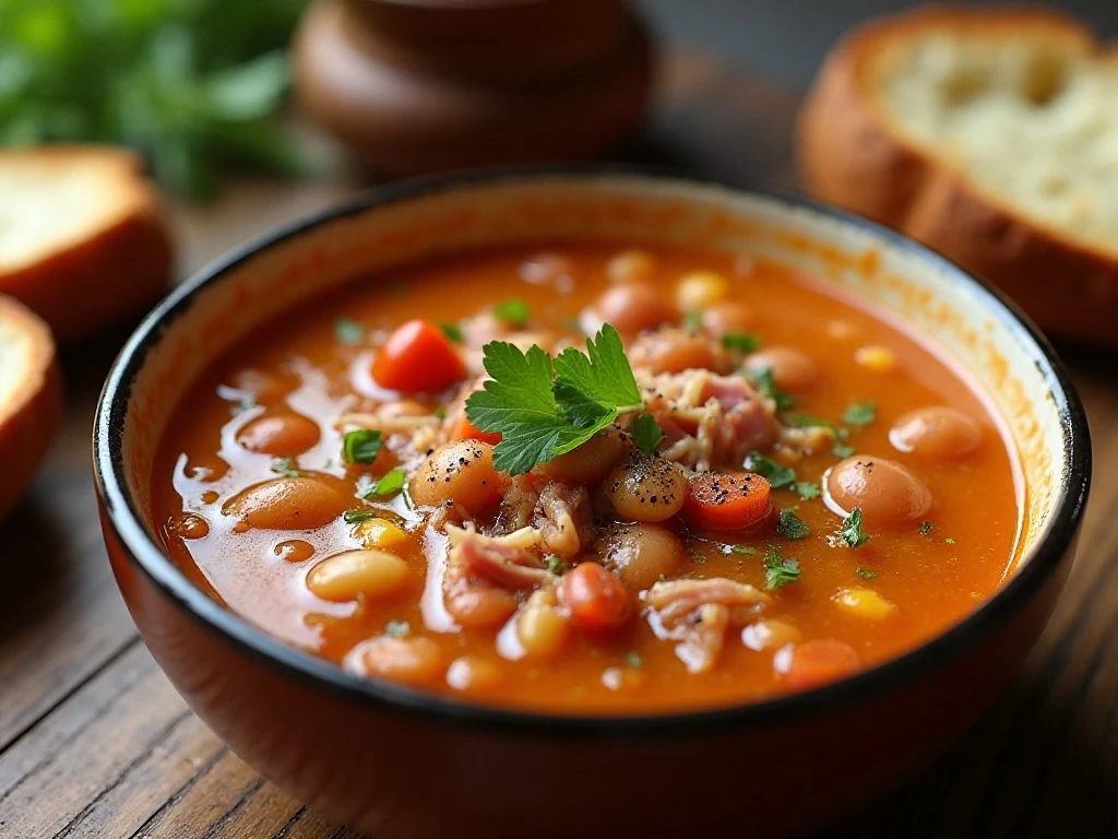 Garnished 15-bean soup served with bread