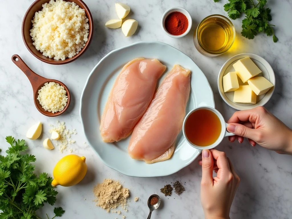 Ingredients for garlic butter chicken and Parmesan cauliflower rice