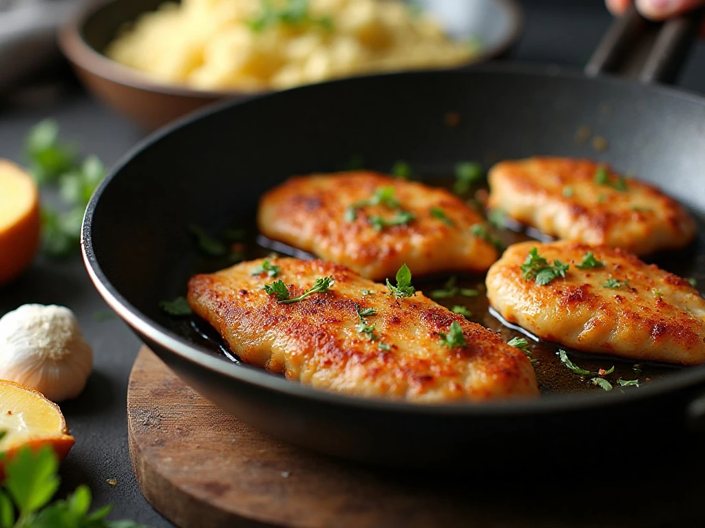 Chicken cutlets searing while cauliflower rice cooks