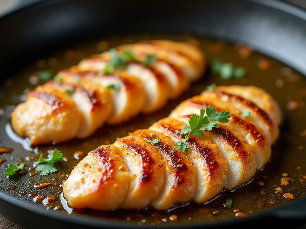 Even chicken cutlets browning in a skillet