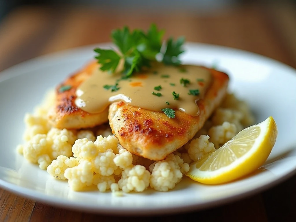 Plated garlic butter chicken dinner with cauliflower rice