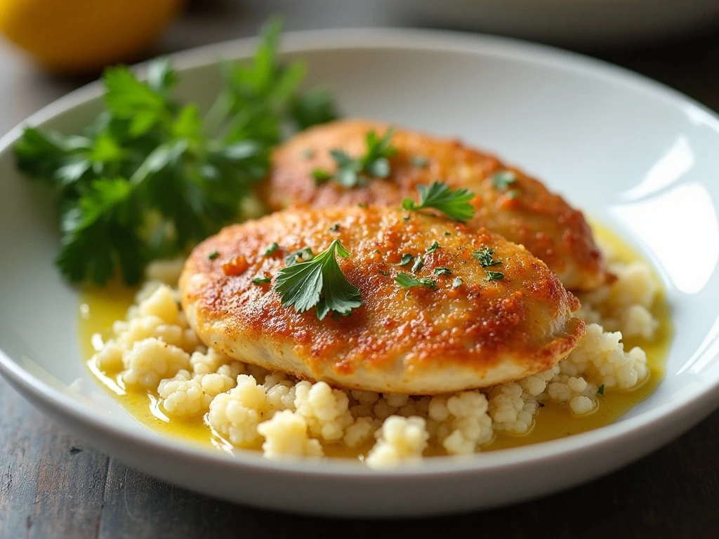 Garlic butter chicken served with Parmesan cauliflower rice