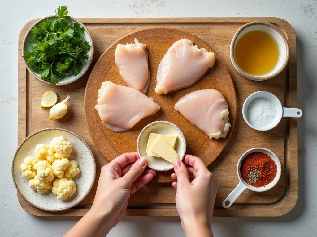 Ingredients for garlic butter chicken and Parmesan cauliflower rice