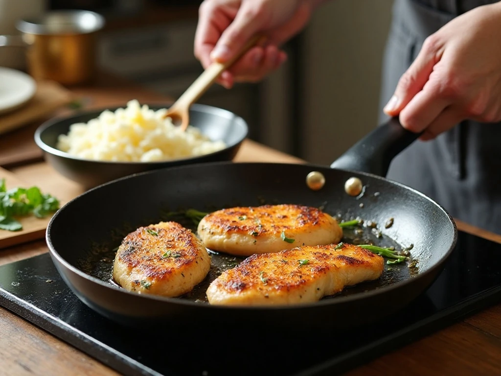 Chicken cutlets browning while cauliflower rice cooks