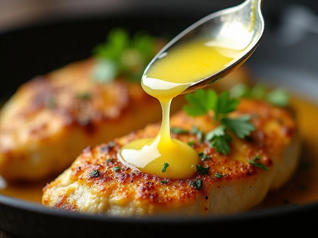 Lemon garlic butter sauce spooned over chicken