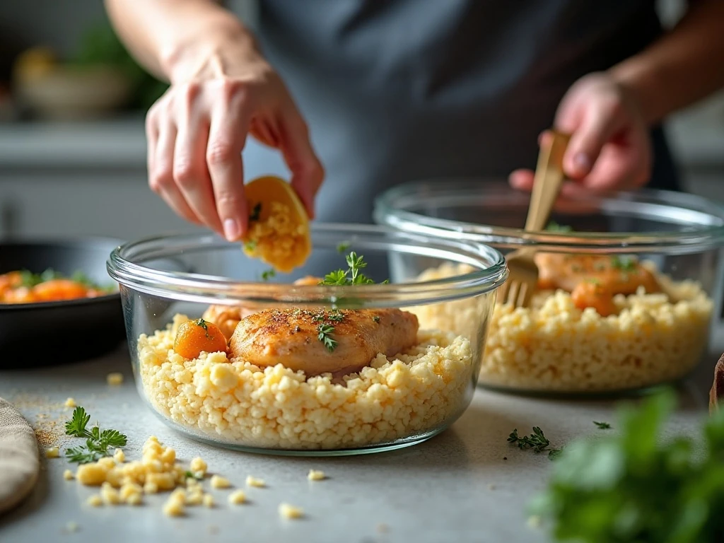 Stored garlic butter chicken and cauliflower rice portions