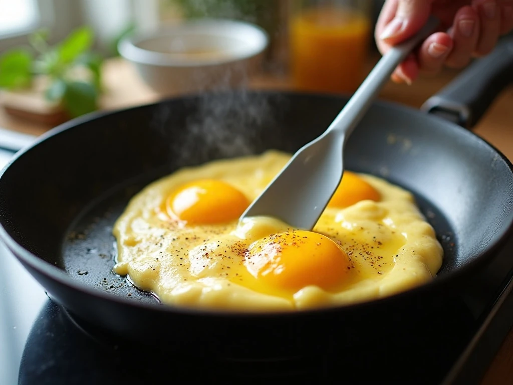 Gently folding scrambled egg curds in a skillet