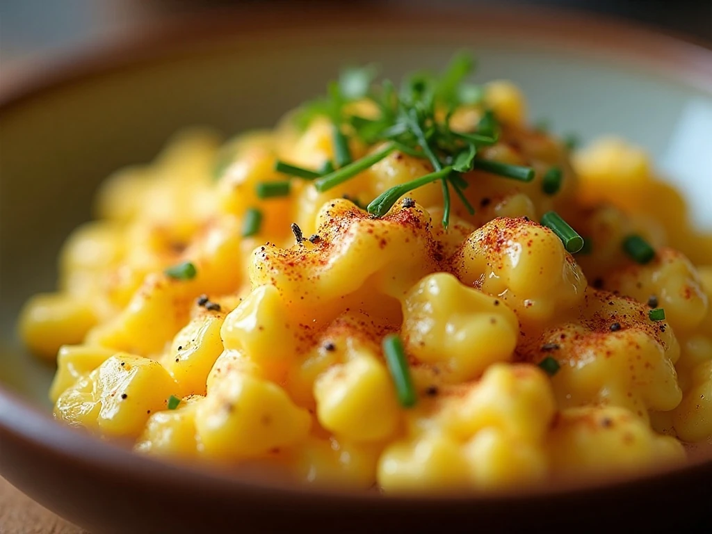 Close-up of glossy soft scrambled eggs with chives and paprika