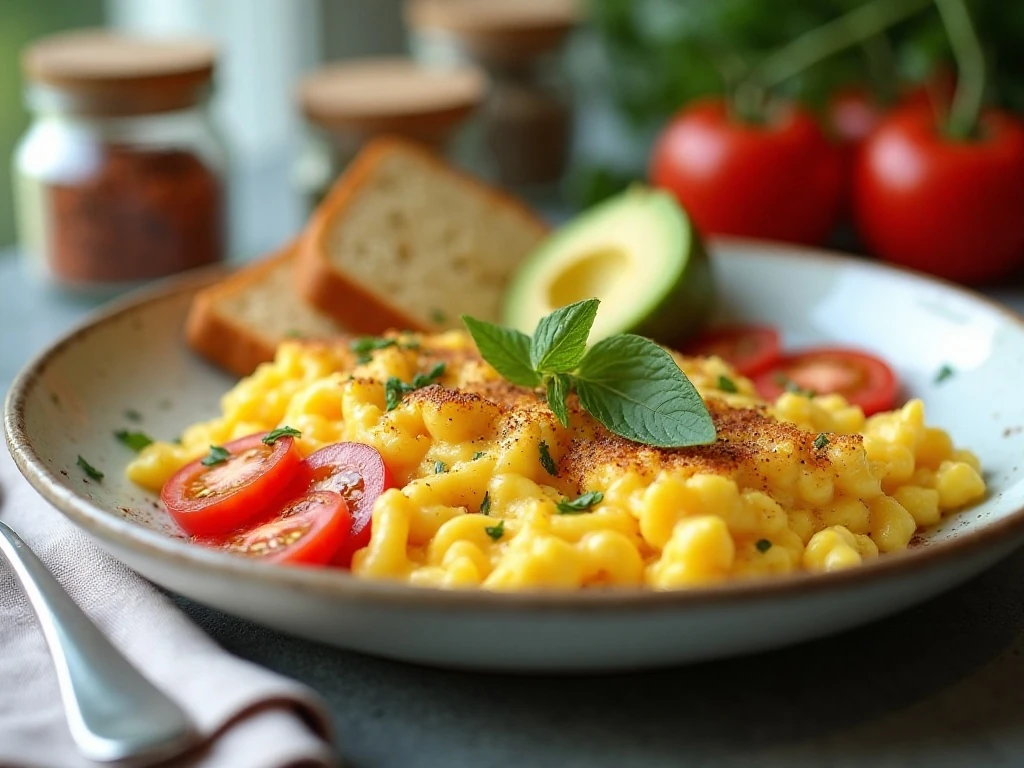 Plated scrambled eggs with toast, tomatoes, avocado, and fresh herbs