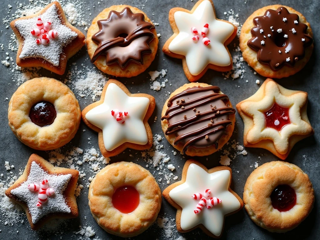 Sixteen varieties of Christmas cookies for a holiday dessert tray