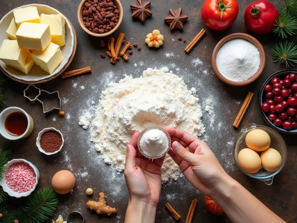 Ingredients and baking supplies for assorted Christmas cookies