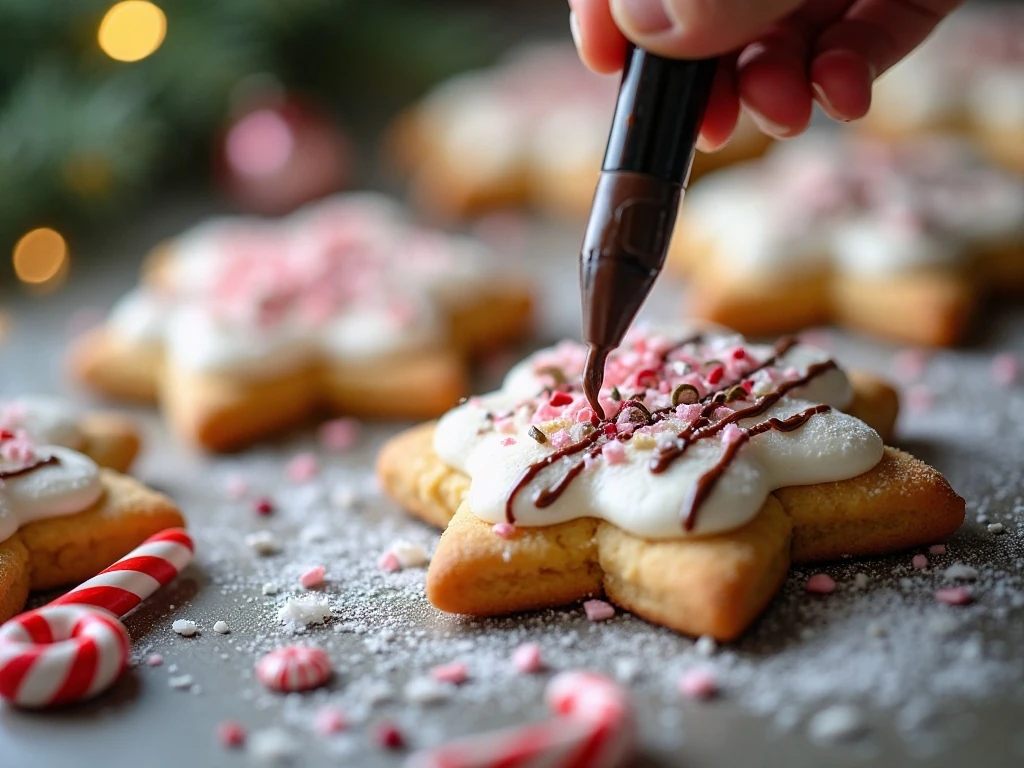 Decorating Christmas cookies with icing, peppermint, and sprinkles