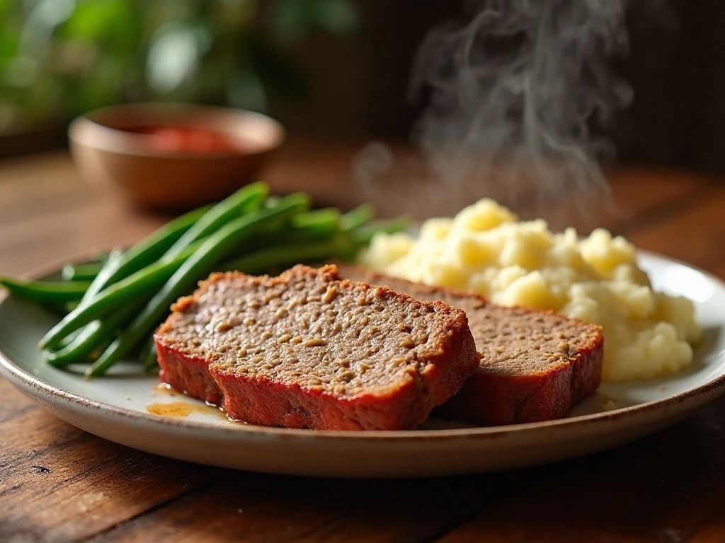 Slices of 1770 House meatloaf served with mashed potatoes and green beans