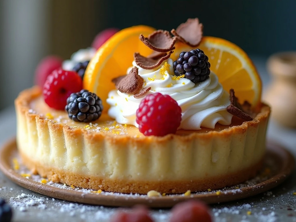 Close-up of garnished chilled pie with a crumb crust