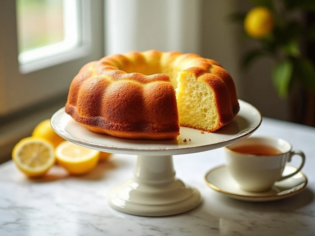 Golden lemon pound cake served with sliced portions and fresh lemons
