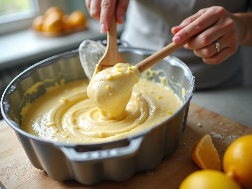 Lemon pound cake batter being folded before baking