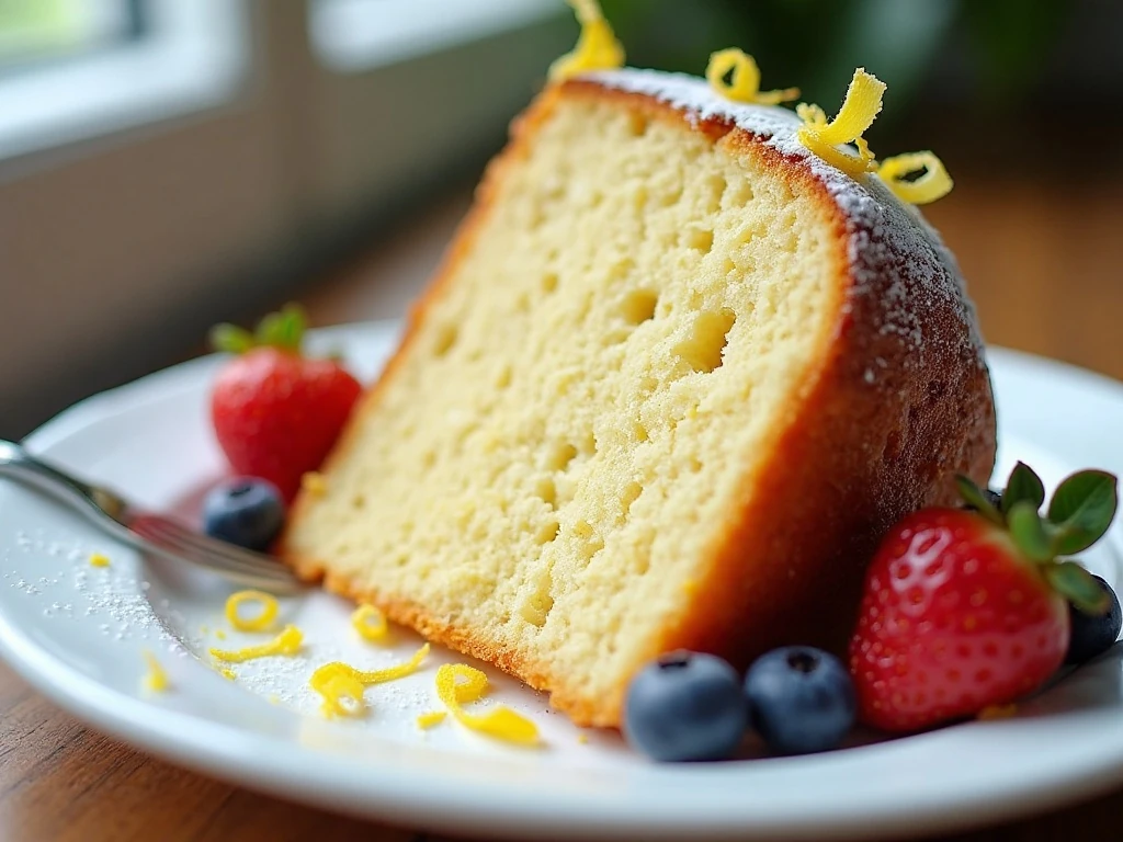 Lemon pound cake slice with powdered sugar, lemon zest, and berries