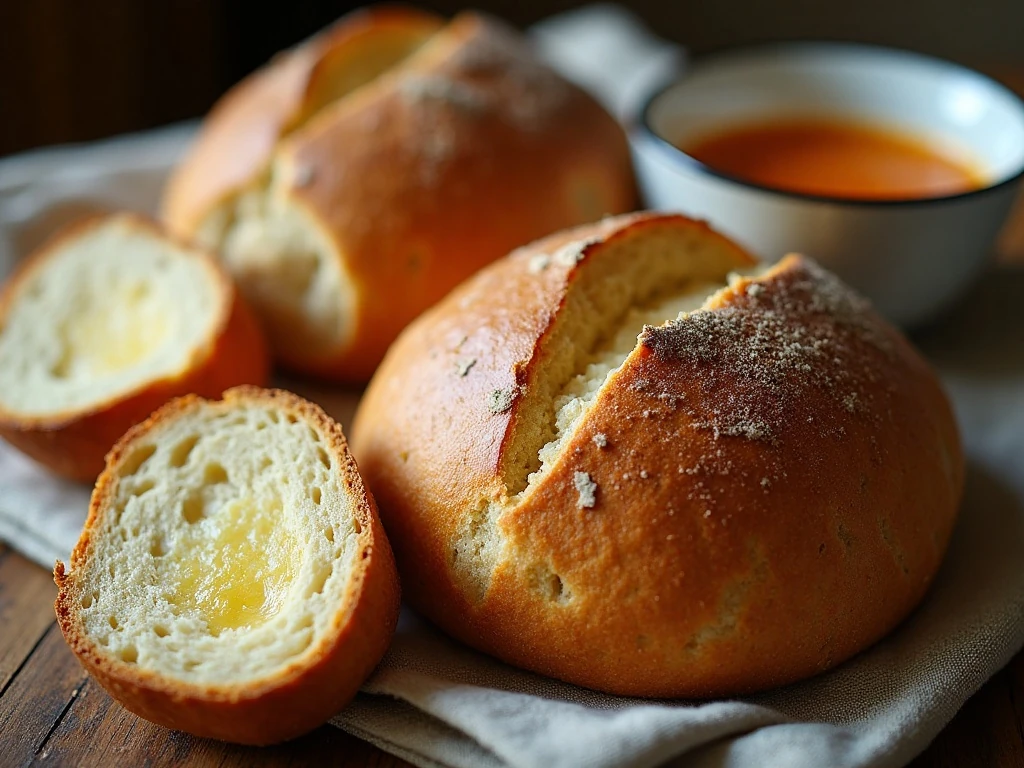 Sliced homemade no-knead crockpot bread served with butter