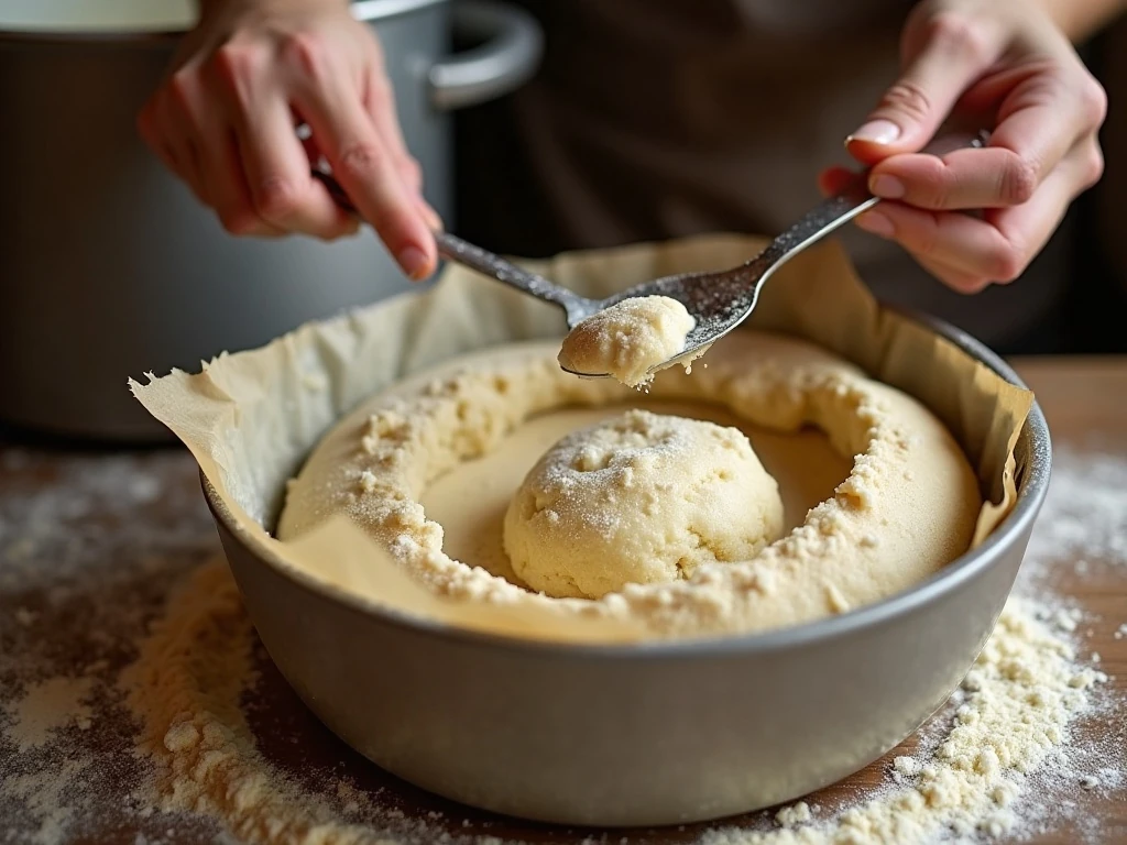Shaggy no-knead bread dough being mixed in a bowl