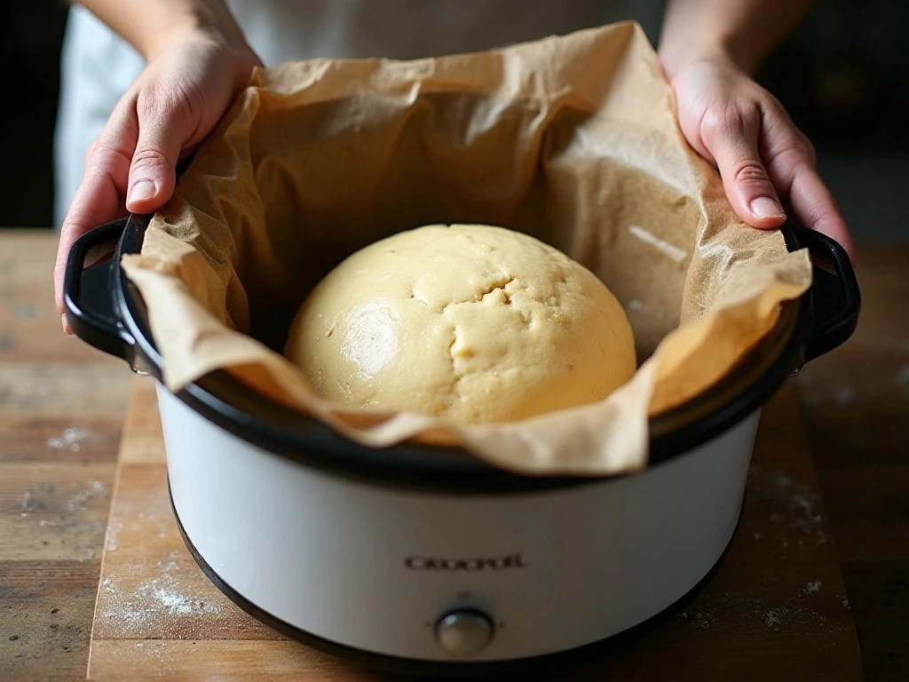 Risen bread dough placed in a parchment-lined slow cooker