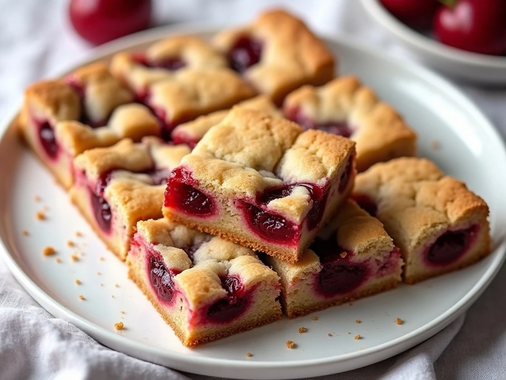 Golden two-ingredient cherry bars arranged on a serving platter