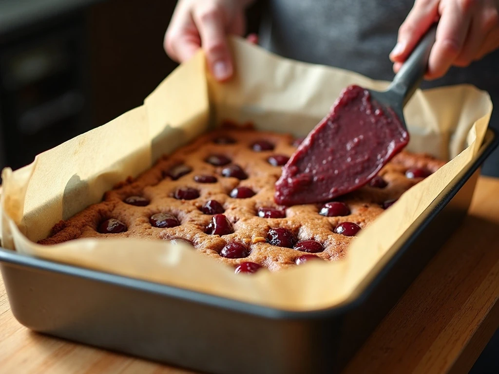Spreading thick cherry bar batter in a baking pan