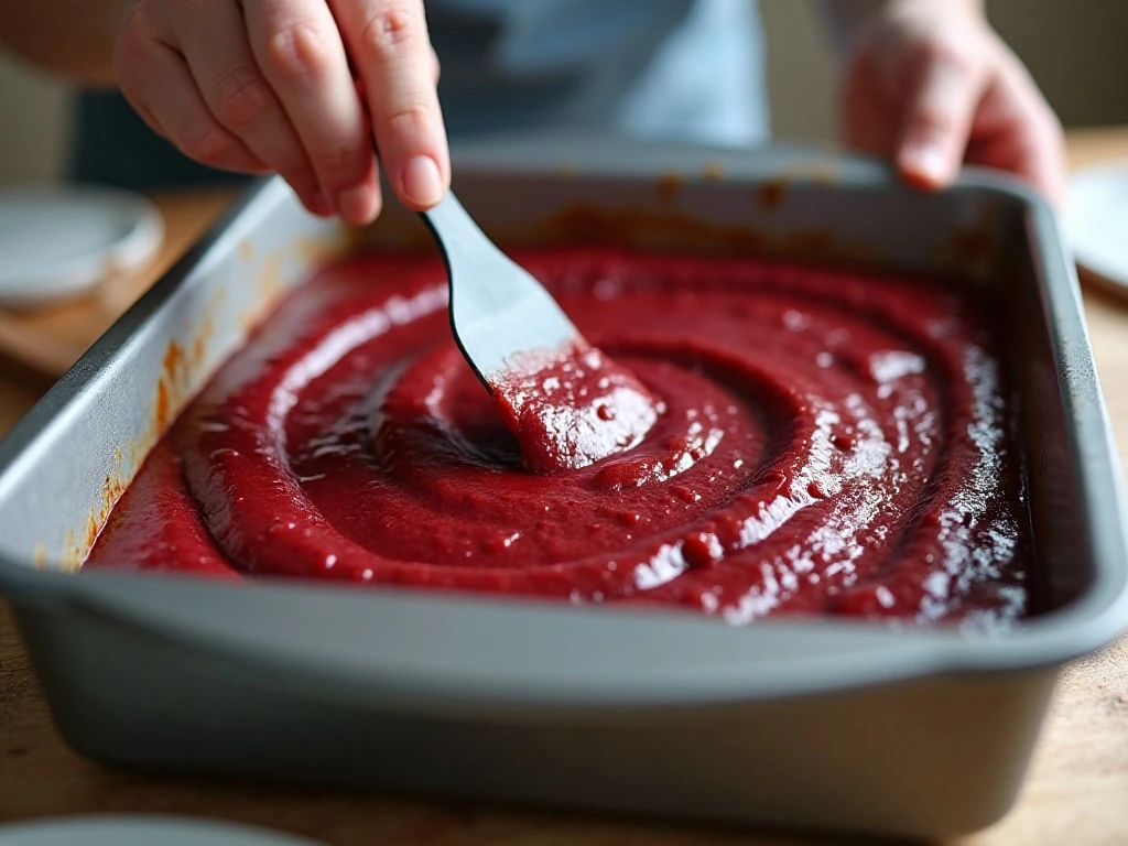 Smoothing cherry bar batter evenly with a spatula