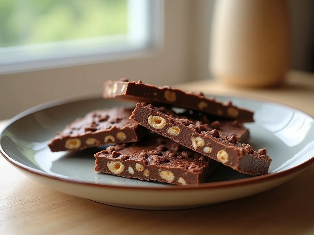 Pieces of homemade two-ingredient cocoa crunch bark arranged on a dessert plate