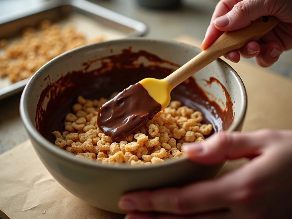 Crisp rice cereal being folded into melted chocolate for bark