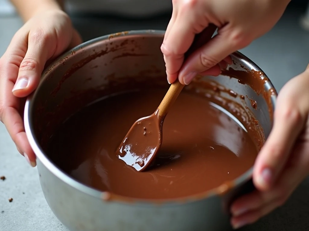 Smooth melted chocolate being stirred for cocoa crunch bark