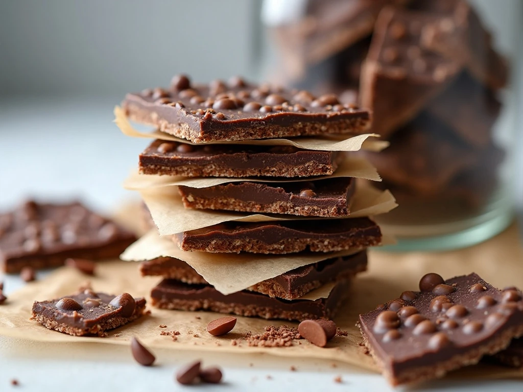 Cocoa crunch bark stored in an airtight container with parchment