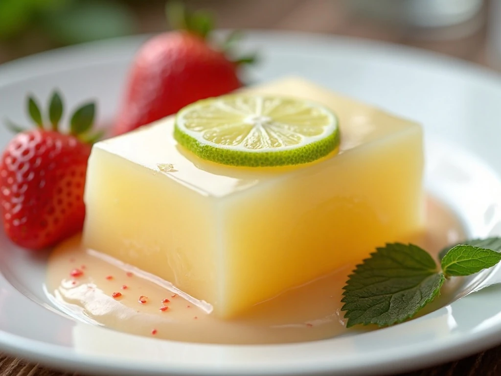 Close-up slice of colorful cream cheese gelatin salad with fresh garnish