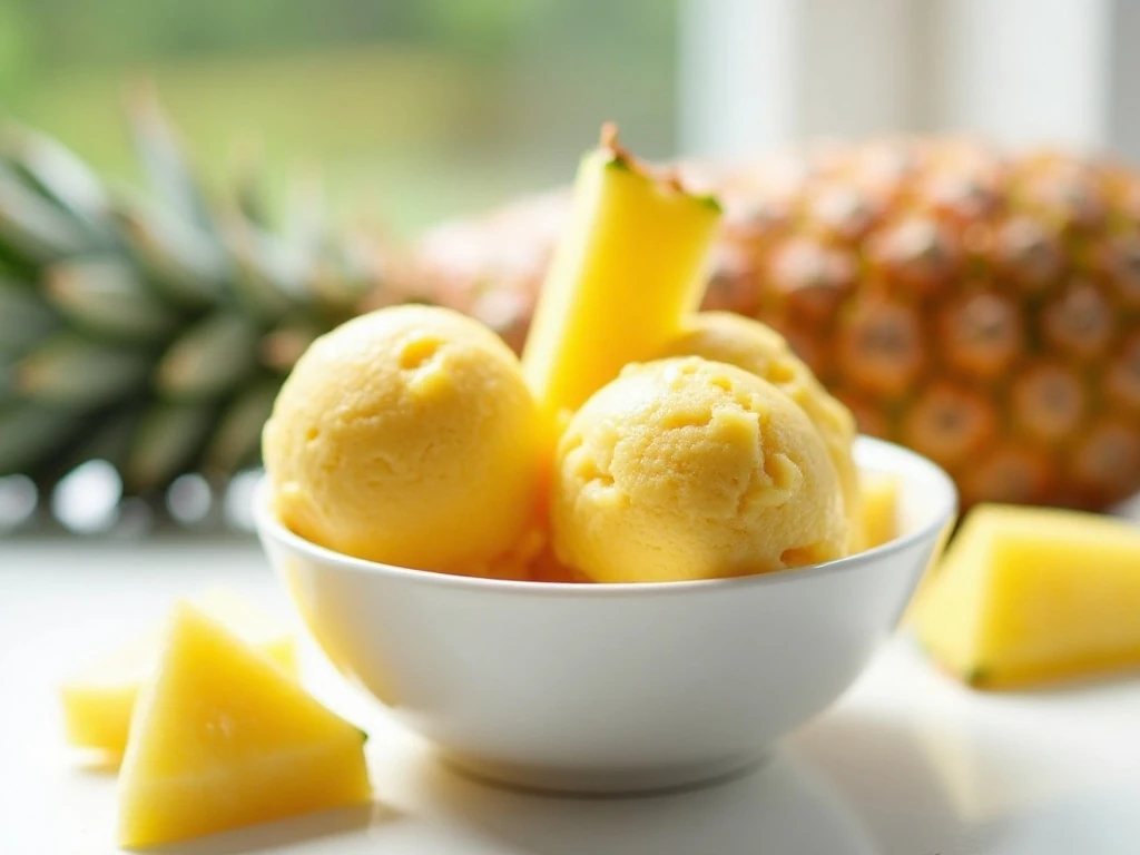 Two scoops of creamy homemade pineapple sorbet in a white bowl